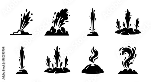 Geyser and volcano eruption icons set, black silhouette hot spring and thermal vent symbols, 8 vector elements of erupting water and smoke