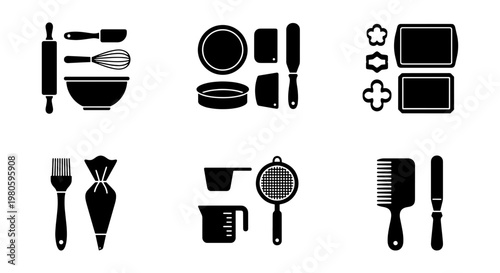 Baking tools icon set, black silhouette kitchen utensils for pastry and cake decorating, professional bakery equipment vector collection