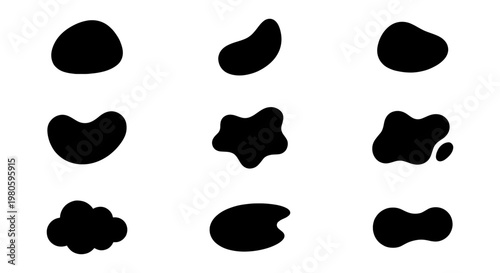 Abstract organic blob shapes set, black liquid fluid silhouettes, minimalist pebble and cloud vector elements for modern graphic design