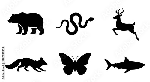 Wild animal silhouette icons set, black forest and ocean wildlife vector collection, 6 nature creature symbols for logo design