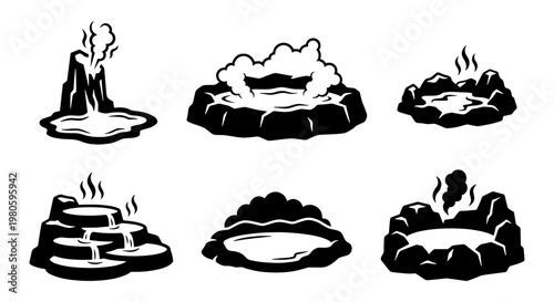 Minimalist hot spring icons set, black and white geyser and thermal pool vector illustrations, volcanic steam and mineral water spring collection