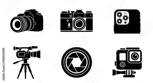 Professional camera icons set, black photography equipment silhouettes, 6 vector elements including DSLR and video camera, digital media symbols