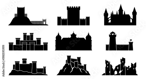 Fotografía Medieval castle silhouettes set, 9 black fortress icons, ancient kingdom archite