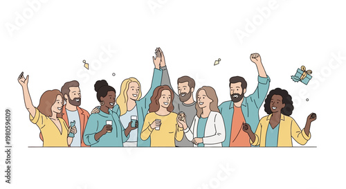 Diverse group of happy young people celebrating together.