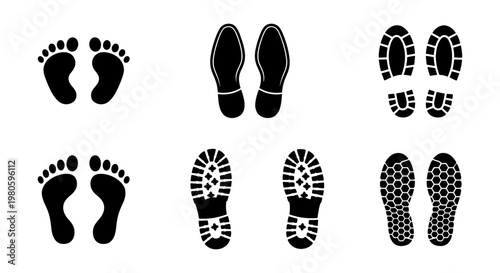 Black footprint silhouette collection, human barefoot tracks and shoe sole imprints, 6 pairs of footstep icons for forensic and wayfinding design