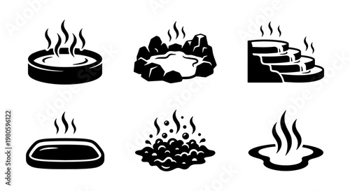 Hot spring icons set, black and white thermal bath vector illustrations, 6 steaming onsen and spa sauna symbols for wellness and travel design