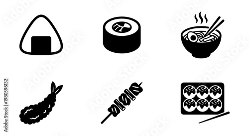 Japanese food icon set, minimalist black and white sushi and ramen vector illustrations, 6 elements of traditional asian cuisine for restaurant menus