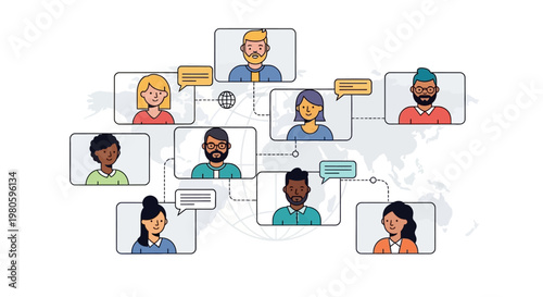 Illustration of diverse people connected in a global online video conference network.