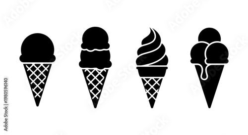 Minimalist ice cream cone icons set, black silhouette frozen dessert symbols, collection of 4 vector ice cream scoops and soft serve swirls