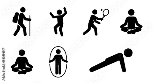 Obraz na plátně Active lifestyle stick figure icons, sports and fitness pictogram set, black sil