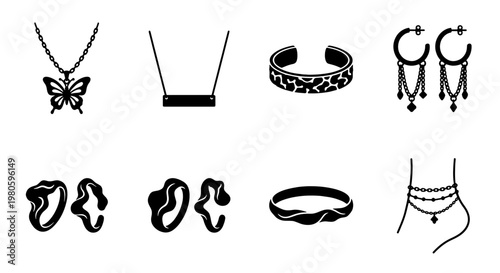 Minimalist jewelry icon set, black silhouette fashion accessories including butterfly necklace and earrings, 8 vector elements for retail and beauty