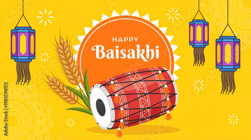 Happy Baisakhi vector illustration with traditional dhol drum, golden wheat, and festive lanterns on yellow background. Baisakhi festival sale banner design with traditional music instruments.
