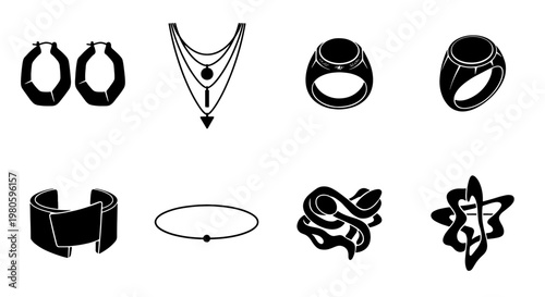 Minimalist jewelry icon set, black silhouette fashion accessories including rings and necklaces, 8 vector elements for retail branding and web design