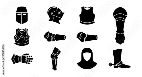 Medieval knight armor silhouettes, 12 black icons of historical warrior equipment, ancient plate armor set with helmets and gauntlets for gaming