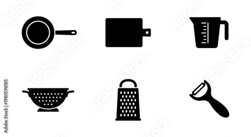 Minimalist kitchen utensils icon set, black solid cooking tools collection, 6 vector elements including frying pan and grater for culinary design