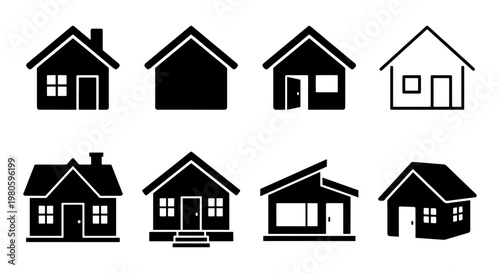 Minimalist house icon set, 8 black vector home silhouettes, real estate property symbols, residential building signs for maps and web design