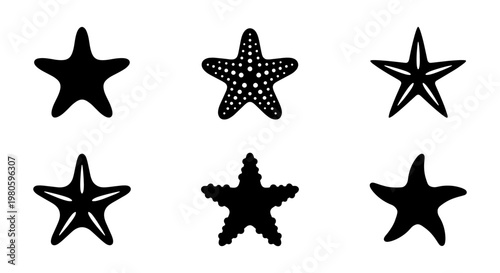 Minimalist starfish icon set, black sea star silhouettes for summer beach branding, collection of 6 nautical vector elements for ocean themes