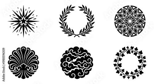 Vintage heraldic emblems and circular ornaments. Set of 6 black vector icons including laurel wreath, starburst, and floral mandala for logo design.