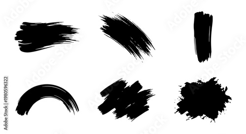 Grunge black ink brush strokes set, hand drawn paint texture elements, 6 artistic charcoal smear vector shapes for graphic design