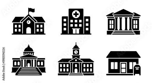 Government building icon set, black silhouette public architecture symbols, 6 vector elements including hospital, school, courthouse, and post office