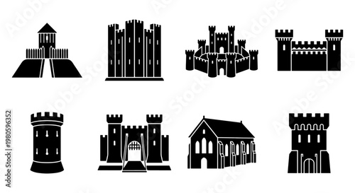 Medieval castle silhouette icons, 8 black vector fortress elements, ancient stone citadel and palace architecture set for gaming and history