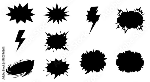Comic speech bubble silhouettes, set of 10 black explosion and lightning bolt vector elements, pop art action clouds for manga and graphic design