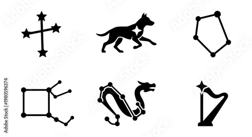Celestial constellation icons set, black astronomical star map symbols, zodiac and mythical creature silhouettes, 6 vector elements for astrology