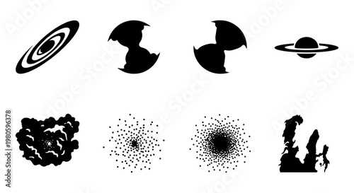 Minimalist deep space icons set, black silhouette galaxy and planet vector elements, 8 cosmic astronomical symbols for science design