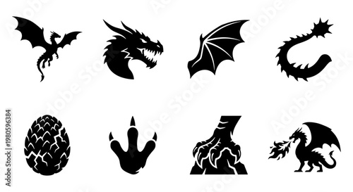 Dragon silhouette icons set, fantasy creature elements including dragon head and egg, 8 black vector graphics for gaming and mythology design