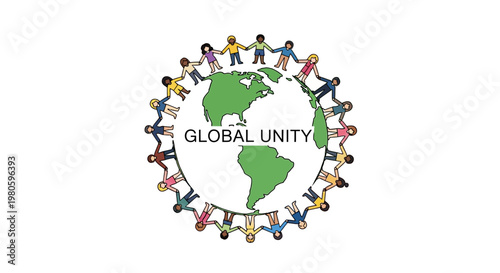 Diverse group of people holding hands around the globe illustration.