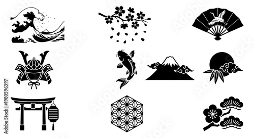 Japanese traditional culture icons set, black and white oriental vector symbols, collection of 10 minimalist asian design elements for branding