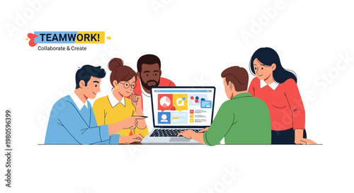 Diverse group of colleagues collaborating on a project using a laptop computer.