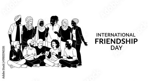 Diverse group of young friends gathering for International Friendship Day celebration.