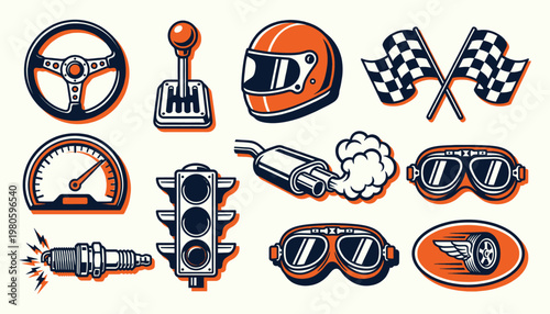 Vintage racing vector icon set for automotive branding and motorsports design