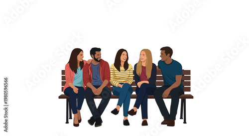 Diverse group of young adults sitting together on a park bench.