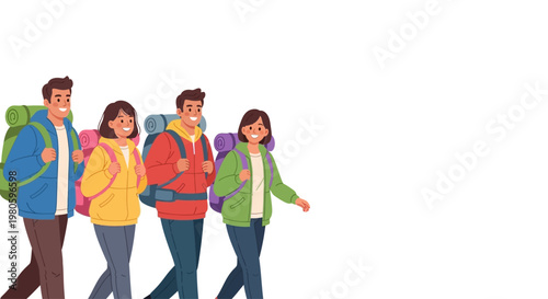 Group of young friends hiking together with backpacks in a cartoon style.