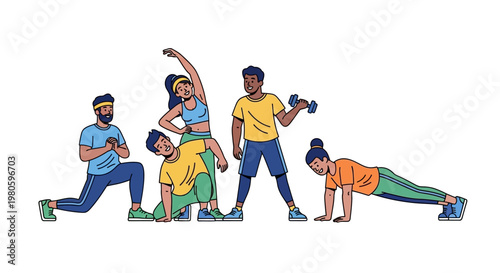Diverse group of young people performing various fitness exercises and sports activities.