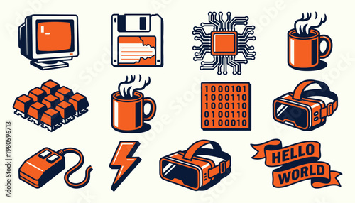 Retro Computer Technology Vector Icons for Software Development Branding