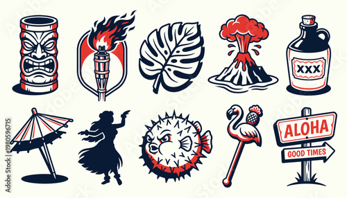 Tropical tiki island paradise retro vector icons for summer travel and vintage lifestyle branding