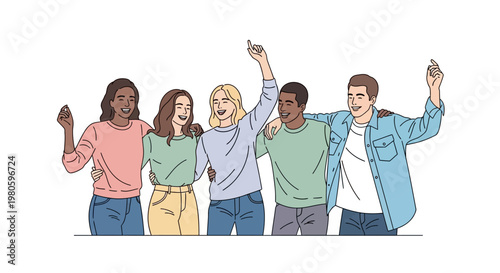 Group of diverse happy friends standing together and cheering.