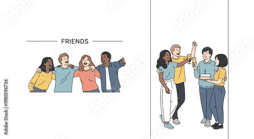 Group of diverse friends celebrating together in cartoon illustration style.