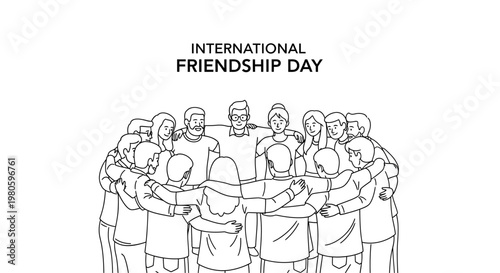 Line art illustration of a diverse group of people standing in a circle with arms around each other to celebrate International Friendship Day.