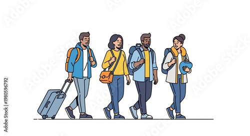 Group of young diverse travelers walking with luggage and backpacks.