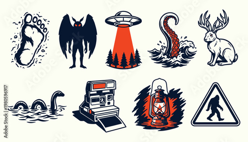 Cryptid Urban Legend and Paranormal Mystery Vector Icons for Storytelling