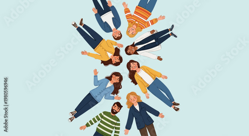 Group of diverse people lying down in a circle formation.
