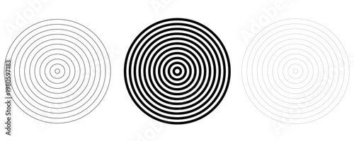 Black concentric circle set. Sonar or sound wave ring collection. Dotted and linear epicentre, target, radar icon concept. Ripple radial signal or vibration elements. Vector line and halftone symbols