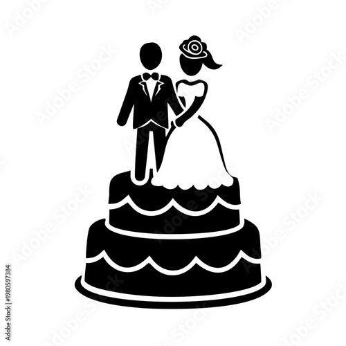 Bride and groom figurines on wedding cake with elegant decoration and smooth layers. Romantic wedding cake features stylish bride and groom figures, symbolizing love and commitment.