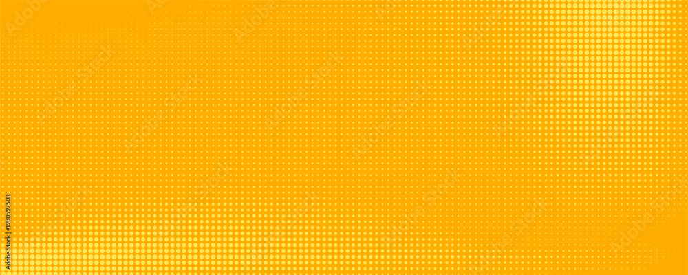 Fototapeta premium Yellow halftone pattern. Retro comic gradient background. Bright orange pixelated dotted texture overlay. Cartoon pop art faded gradient pattern. Vector backdrop for poster, banner, advertisement