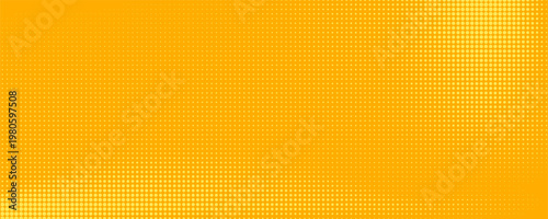 Yellow halftone pattern. Retro comic gradient background. Bright orange pixelated dotted texture overlay. Cartoon pop art faded gradient pattern. Vector backdrop for poster, banner, advertisement