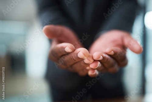 Schilderij op canvas Hands, corporate and person begging in office for support, request help or reconciliation approval